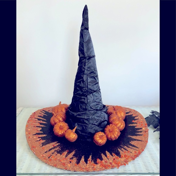 Artisan black pumpkin patch Witch hat Orange sparkles 18" high One of - Picture 9 of 15